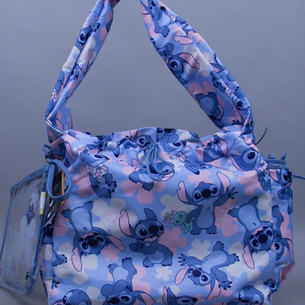 Disney Stitch Print Women's Tote Bag with accessories.